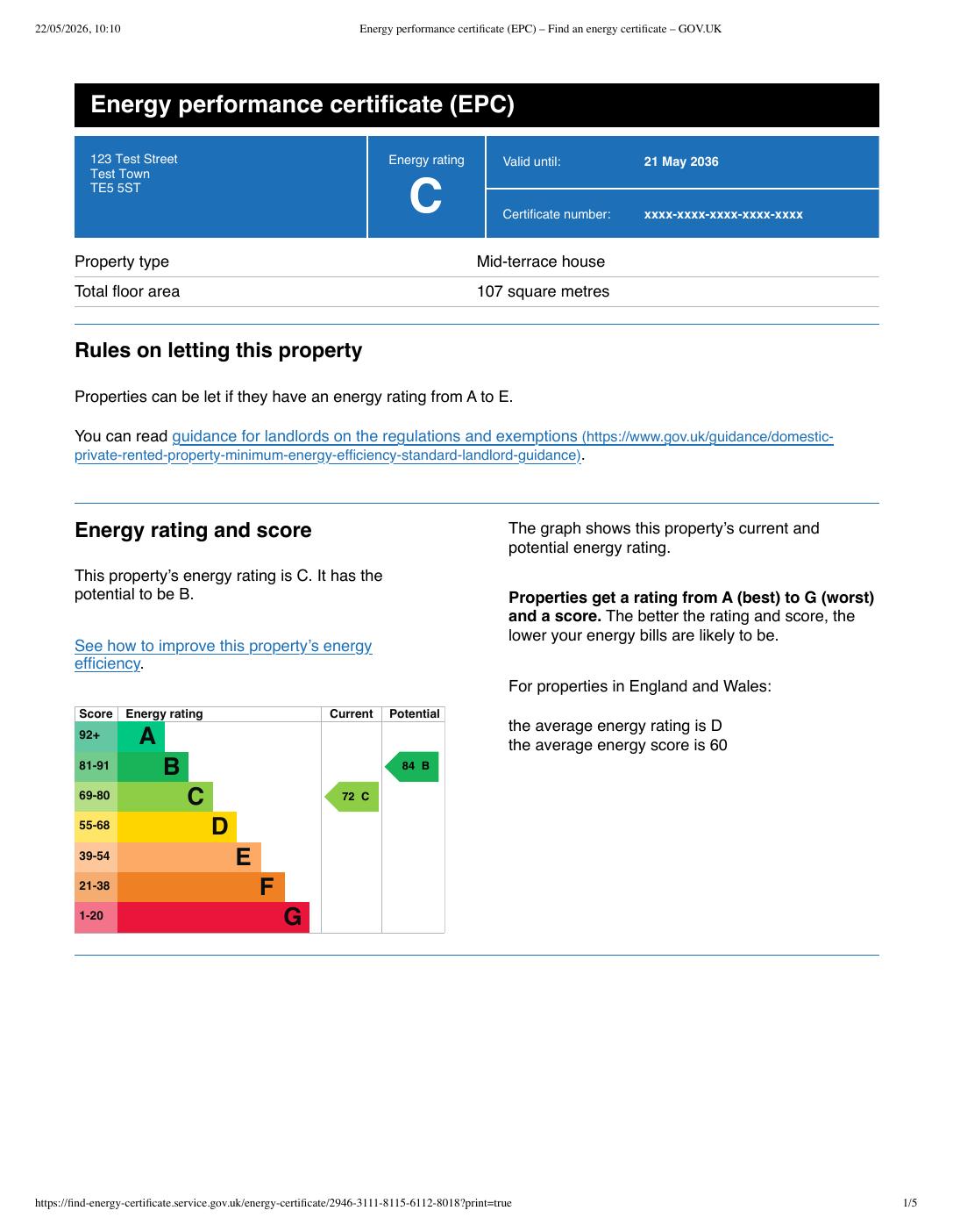 Sample EPC — 1. Energy rating (A–G)